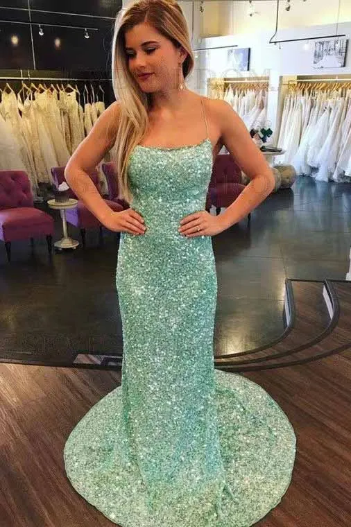 Sparkly Mint Sequin Mermaid Long Party Prom Dress for Women Shiny Evening Dress