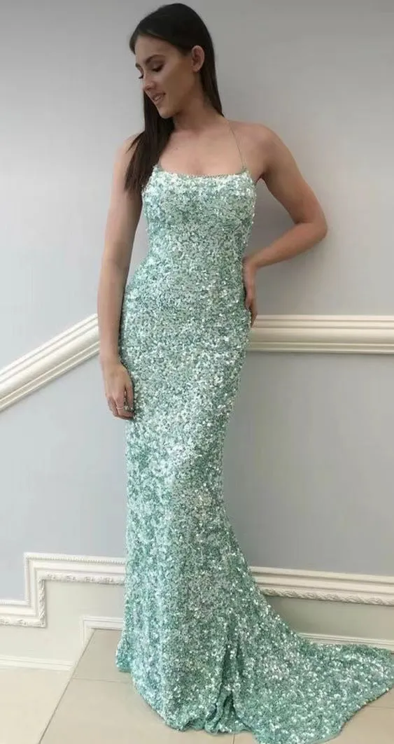 Sparkly Mint Sequin Mermaid Long Party Prom Dress for Women Shiny Evening Dress