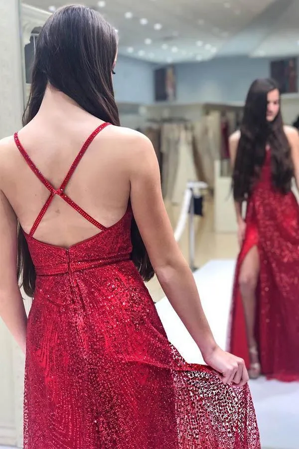 Sparkly V Neck A-Line Red Long Prom/Formal Dress with Split PSK185