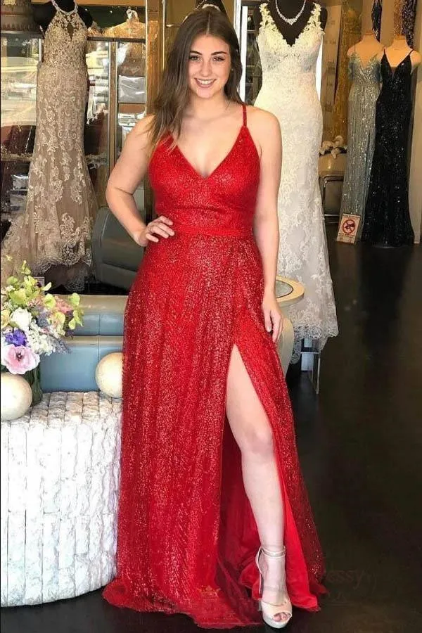 Sparkly V Neck A-Line Red Long Prom/Formal Dress with Split PSK185