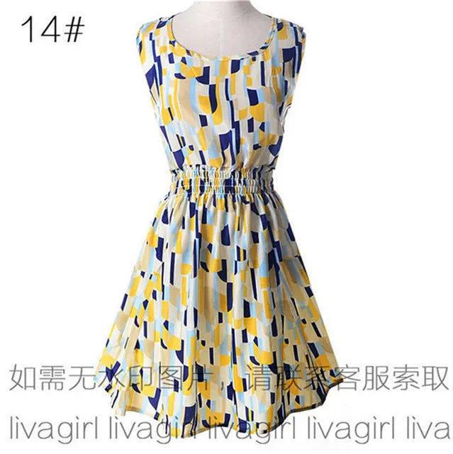 Summer Style Women Dress Casual Mini O-Neck Sleeveless Short A Line Dress Printed Party Evening 2017 big Size Elegant Dress