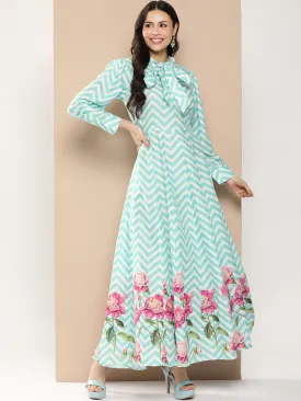 Turquoise Blue Printed Long Dress With Tie-Up Neck