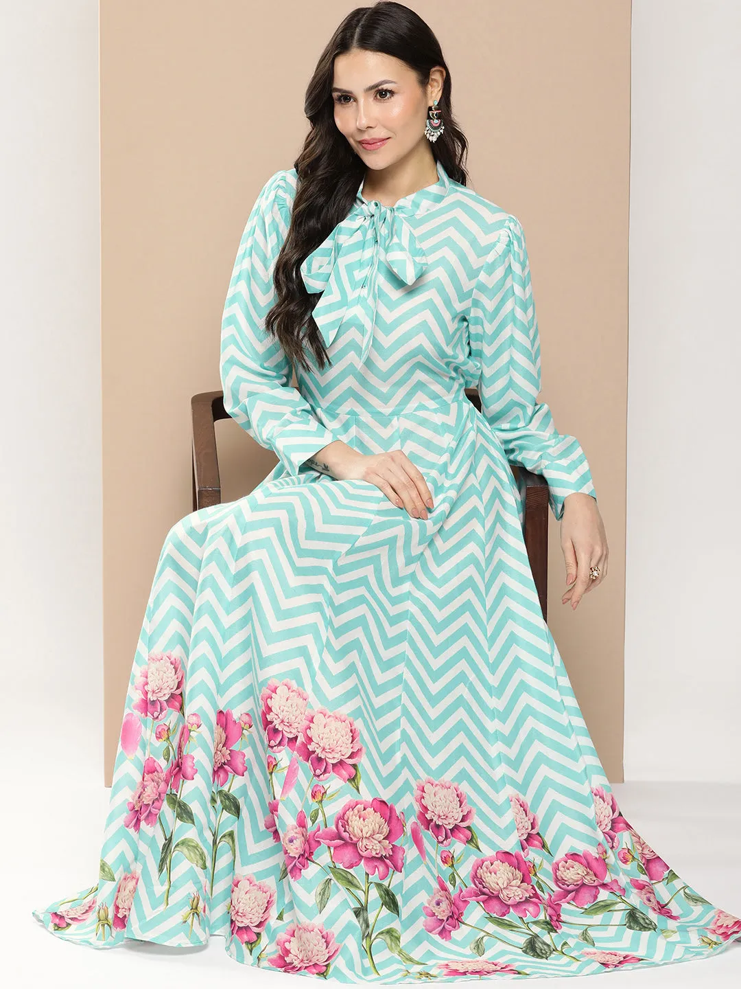 Turquoise Blue Printed Long Dress With Tie-Up Neck