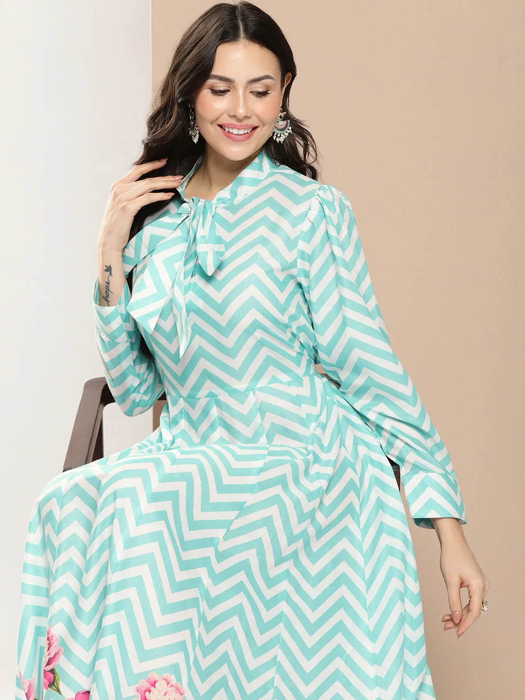 Turquoise Blue Printed Long Dress With Tie-Up Neck