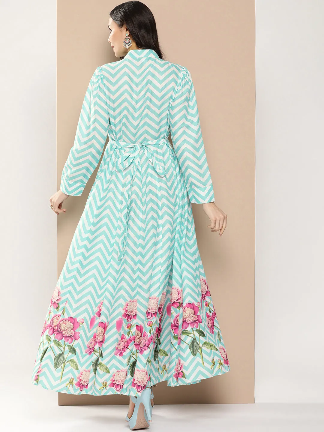 Turquoise Blue Printed Long Dress With Tie-Up Neck