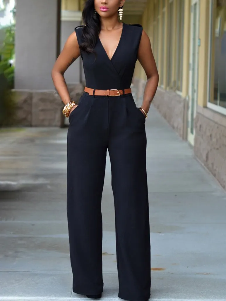 V-neck Sleeveless High Waist Slim Jumpsuit for Women