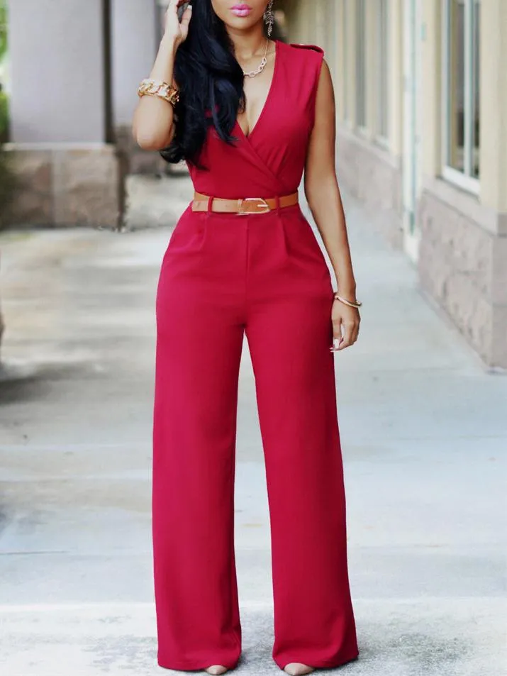 V-neck Sleeveless High Waist Slim Jumpsuit for Women