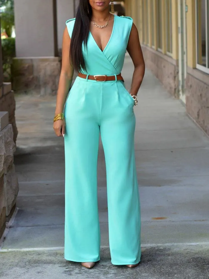 V-neck Sleeveless High Waist Slim Jumpsuit for Women