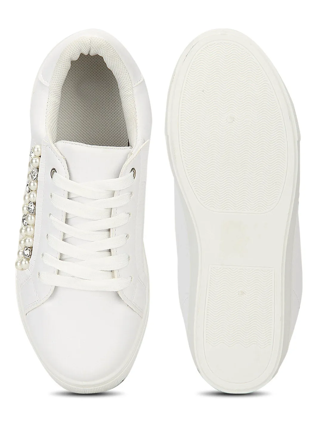 White PU Pearl Detail Lace-Up Sneakers