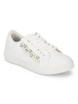 White PU Pearl Detail Lace-Up Sneakers