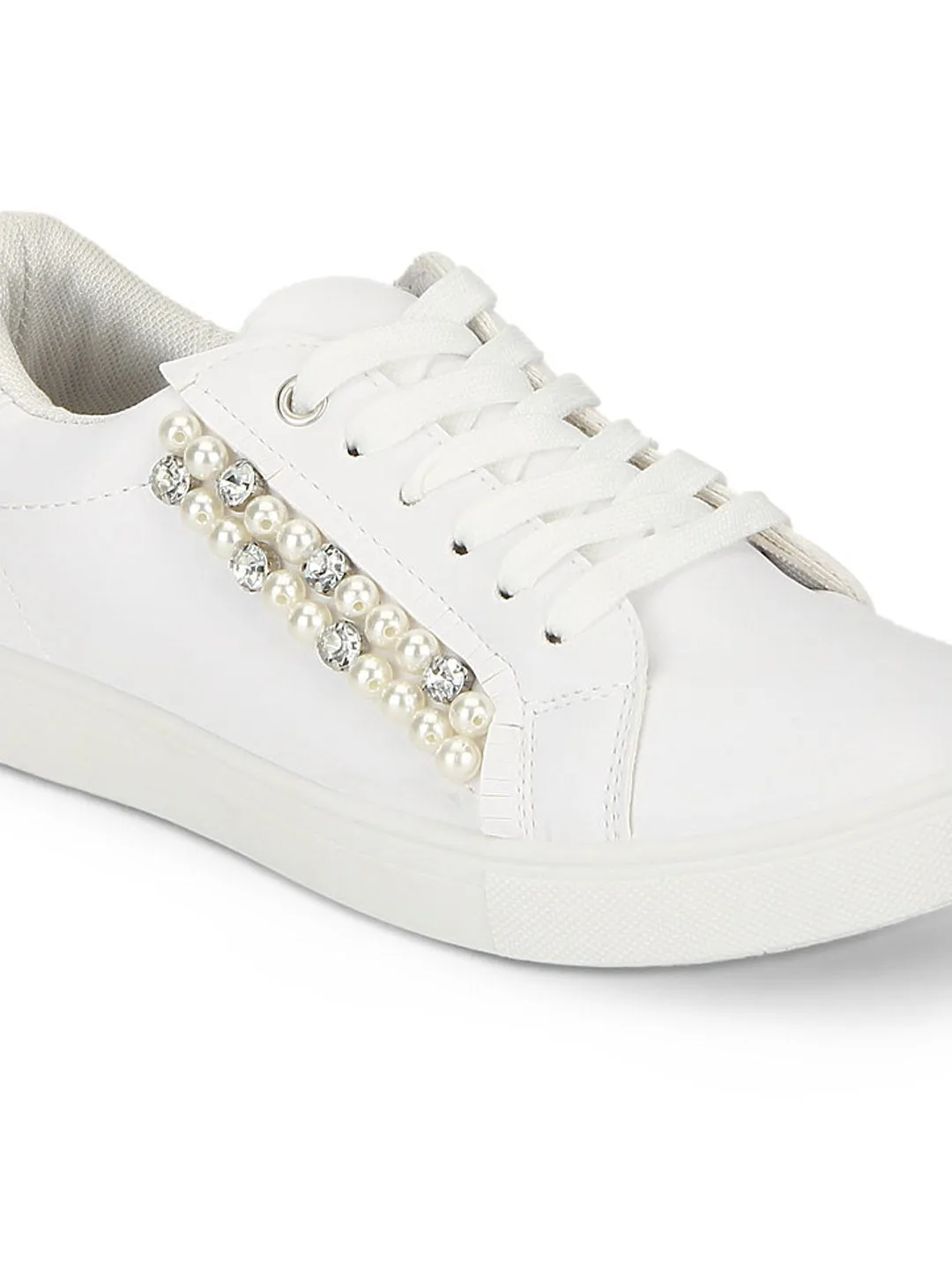 White PU Pearl Detail Lace-Up Sneakers