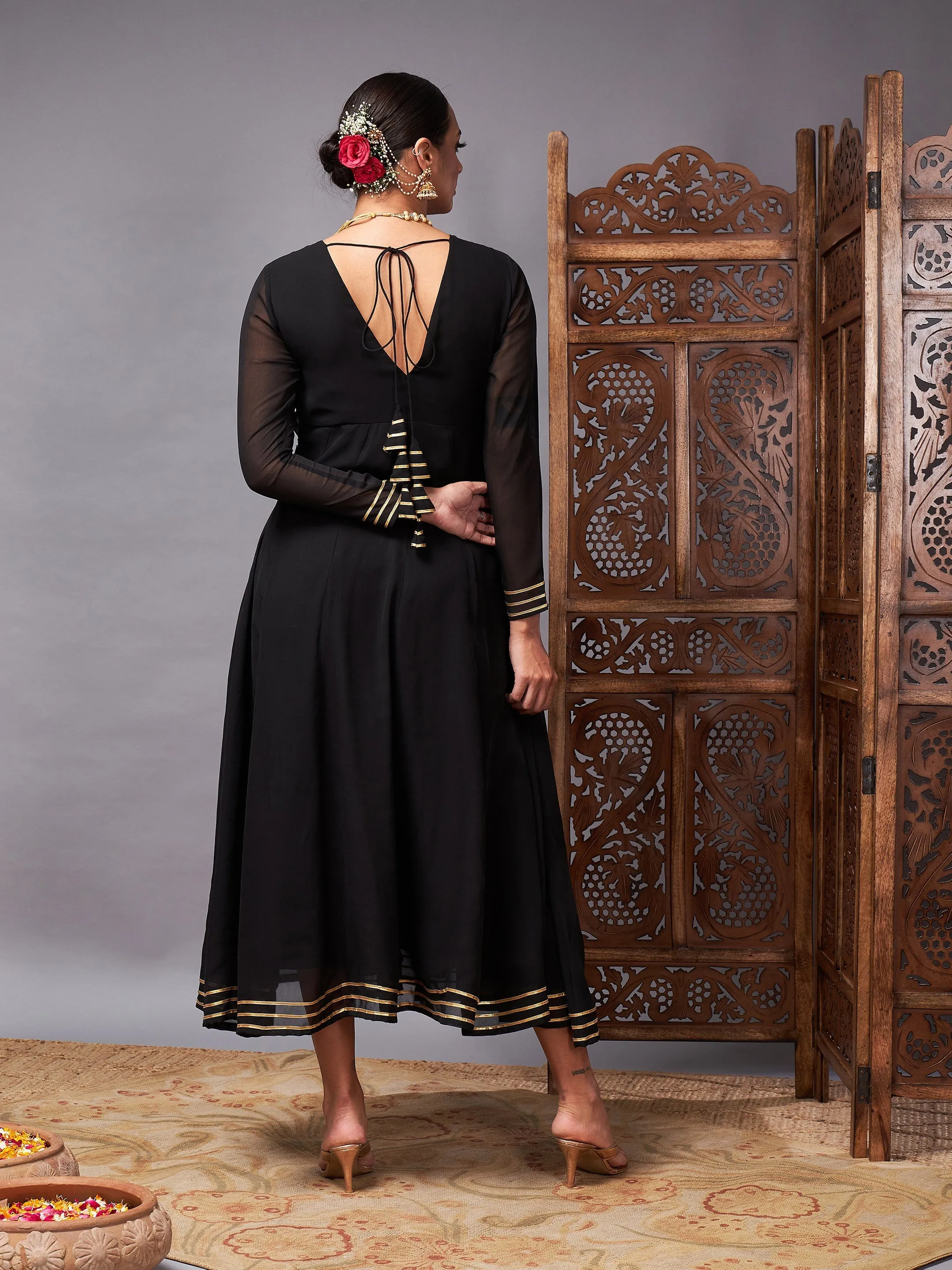 Women Black Gota Lace Detail Anarkali Maxi Dress