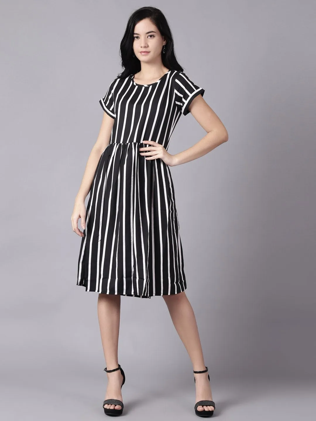 Women Black Striped Striped Round Neck A-Line Dress