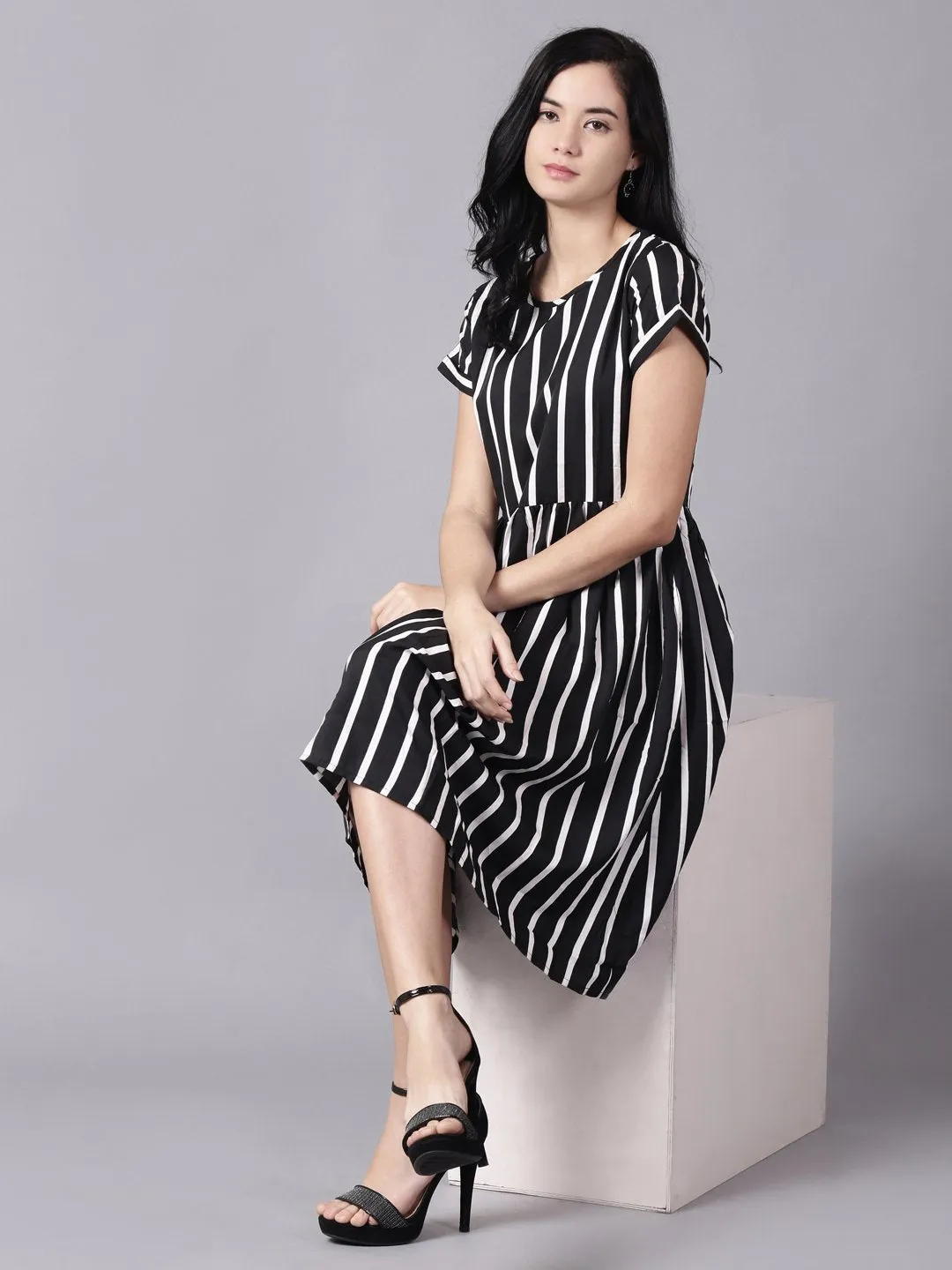 Women Black Striped Striped Round Neck A-Line Dress