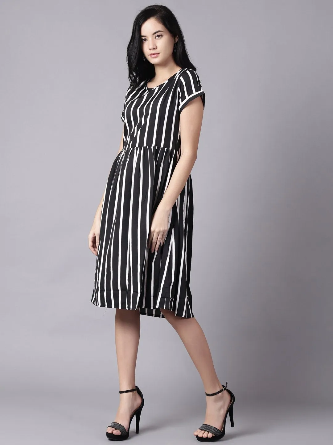 Women Black Striped Striped Round Neck A-Line Dress