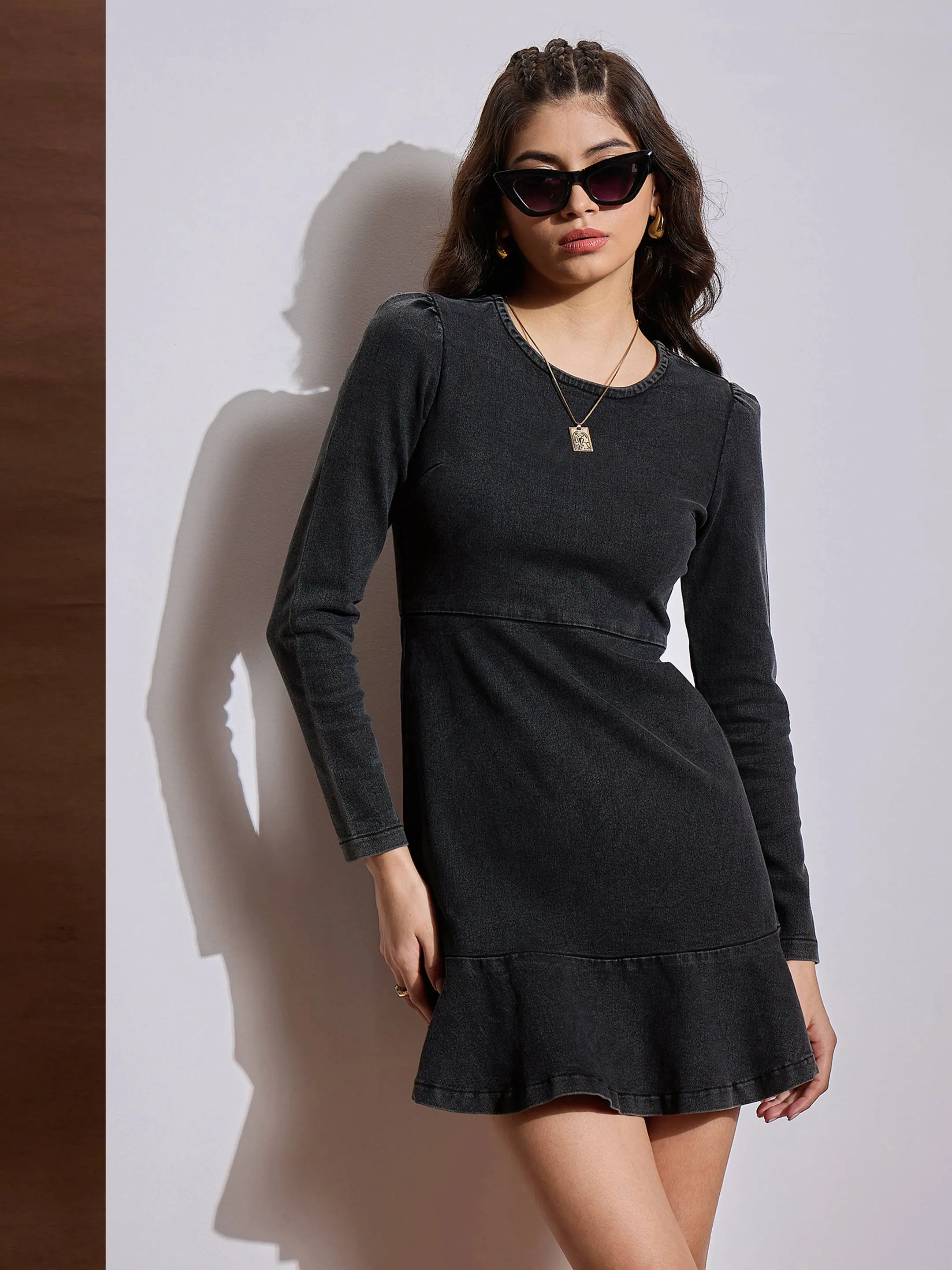 Women Black Washed Denim Flared Hem Short Dress