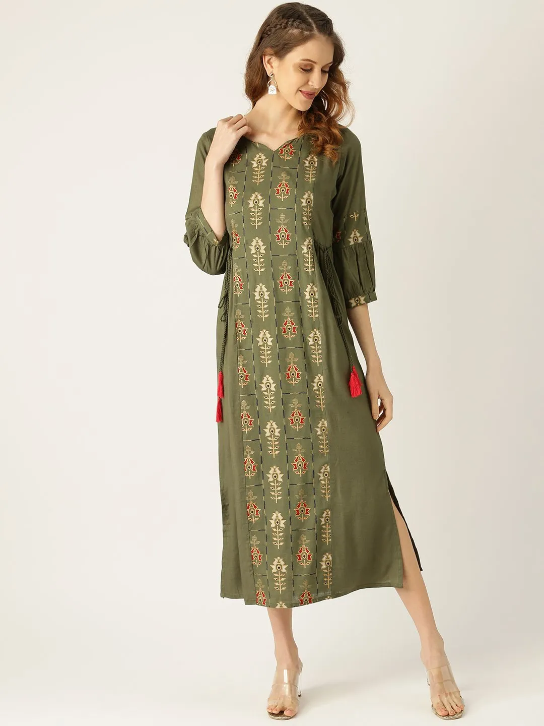 Women Green Ethnic Motifs Printed V-Neck Viscose Rayon Maxi Dress