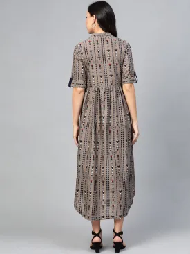 Women Grey Ethnic Motifs Printed Shirt Collar Cotton A-Line Dress