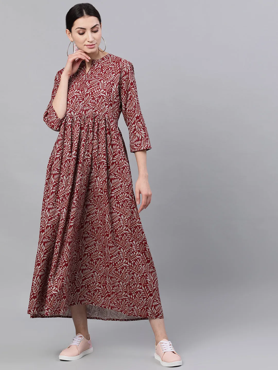 Women Maroon Floral Printed Mandarin Collar Cotton Maxi Dress