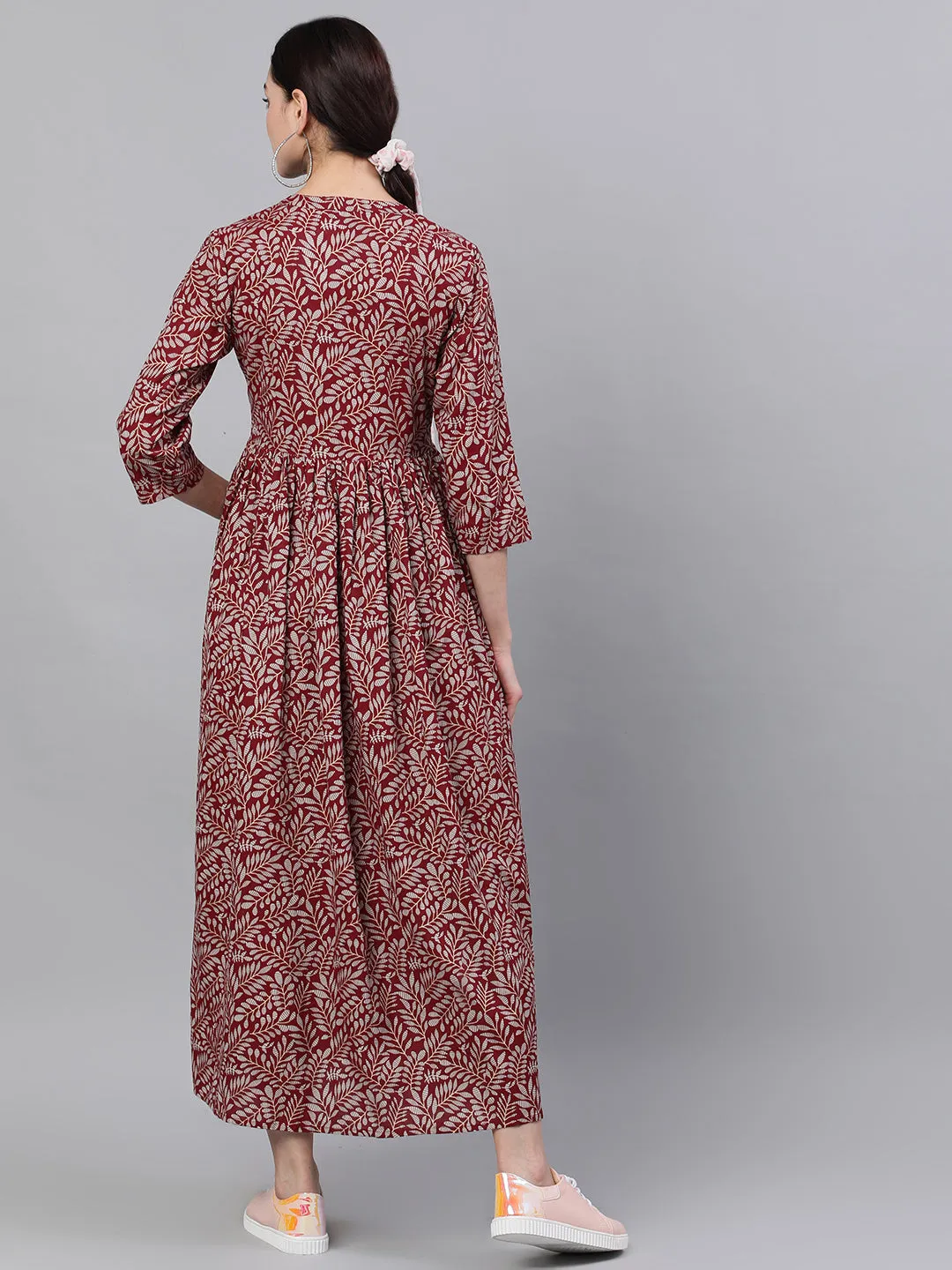 Women Maroon Floral Printed Mandarin Collar Cotton Maxi Dress