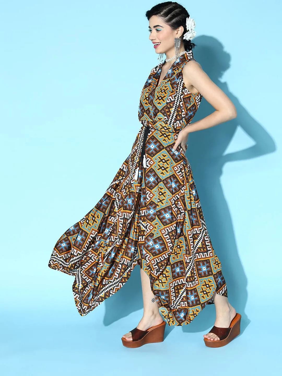 Women Mustard Geometric Print Shirt Collar Dhoti Dress