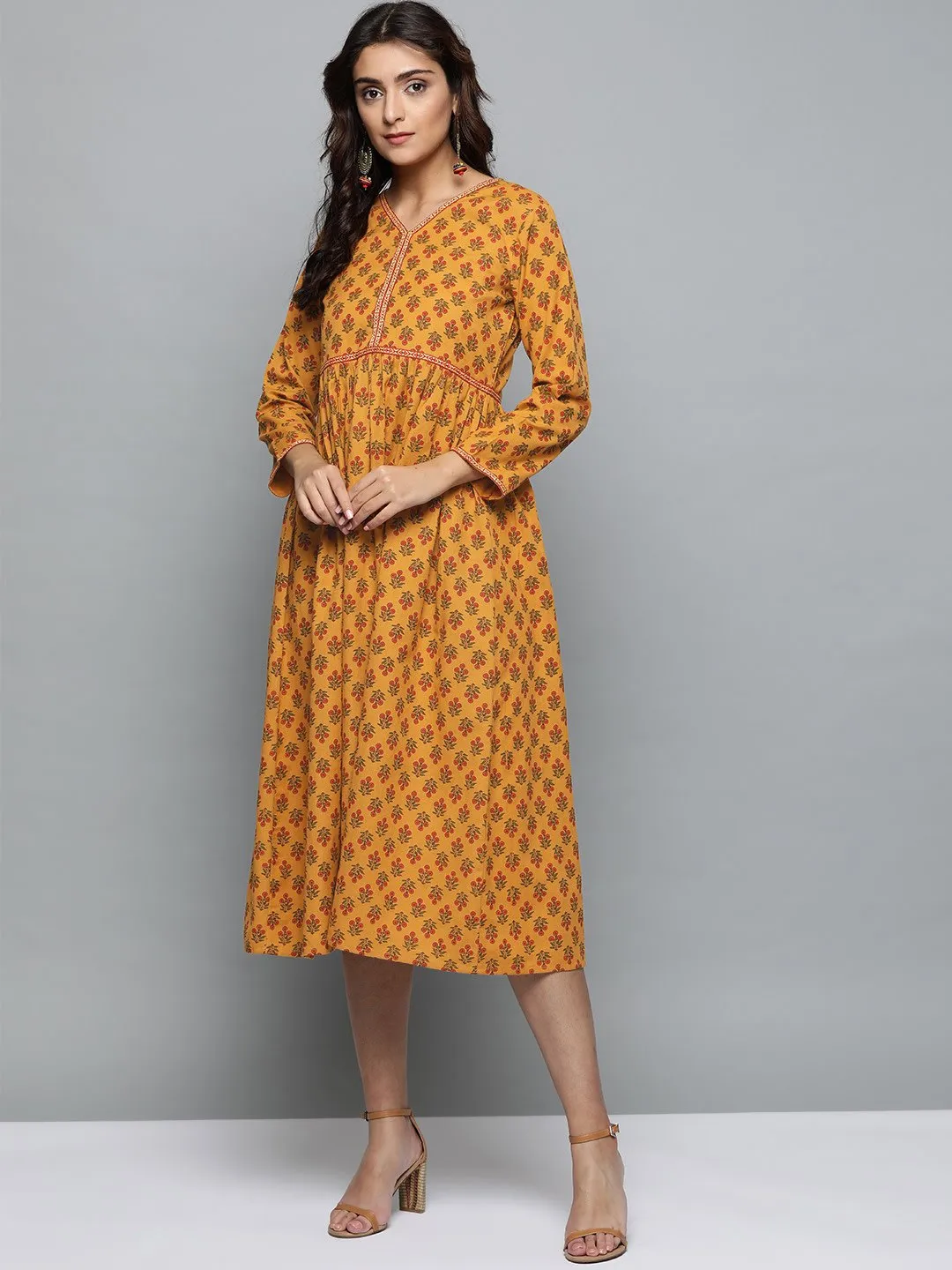 Women Mustard Yellow Floral Printed V-Neck A-Line Dress