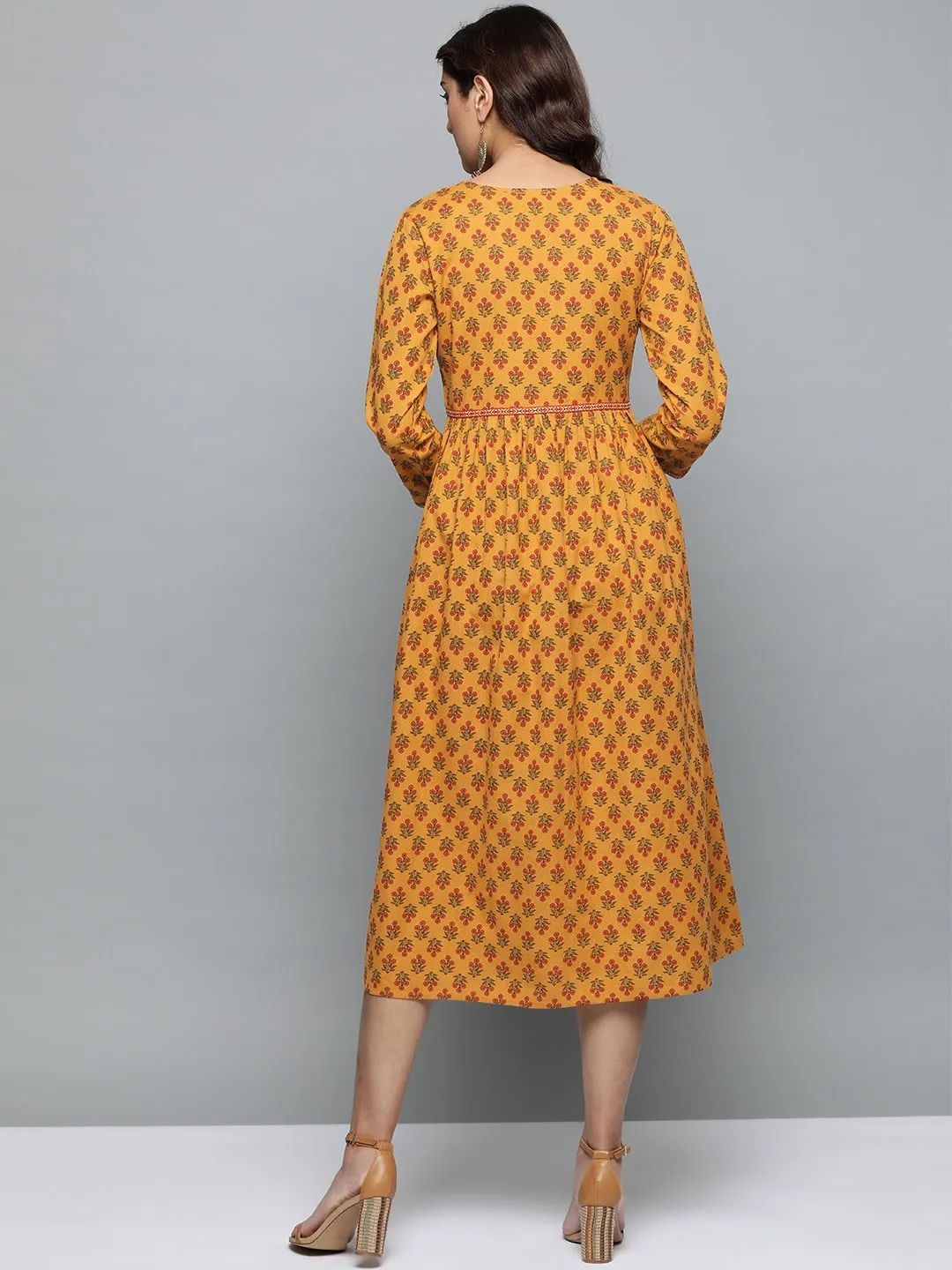 Women Mustard Yellow Floral Printed V-Neck A-Line Dress