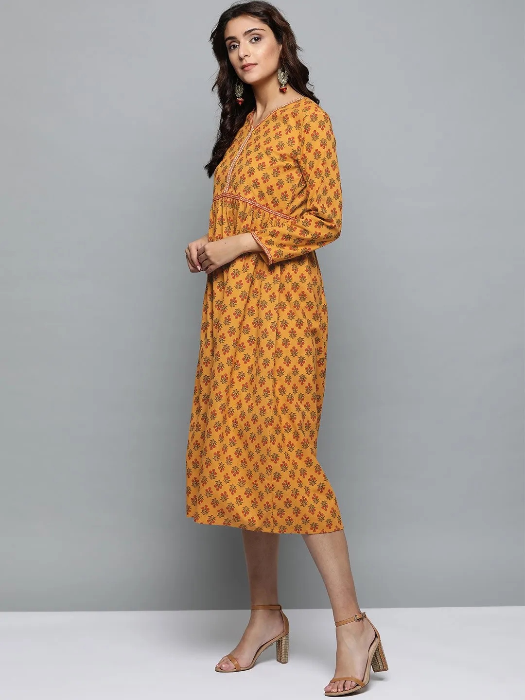 Women Mustard Yellow Floral Printed V-Neck A-Line Dress