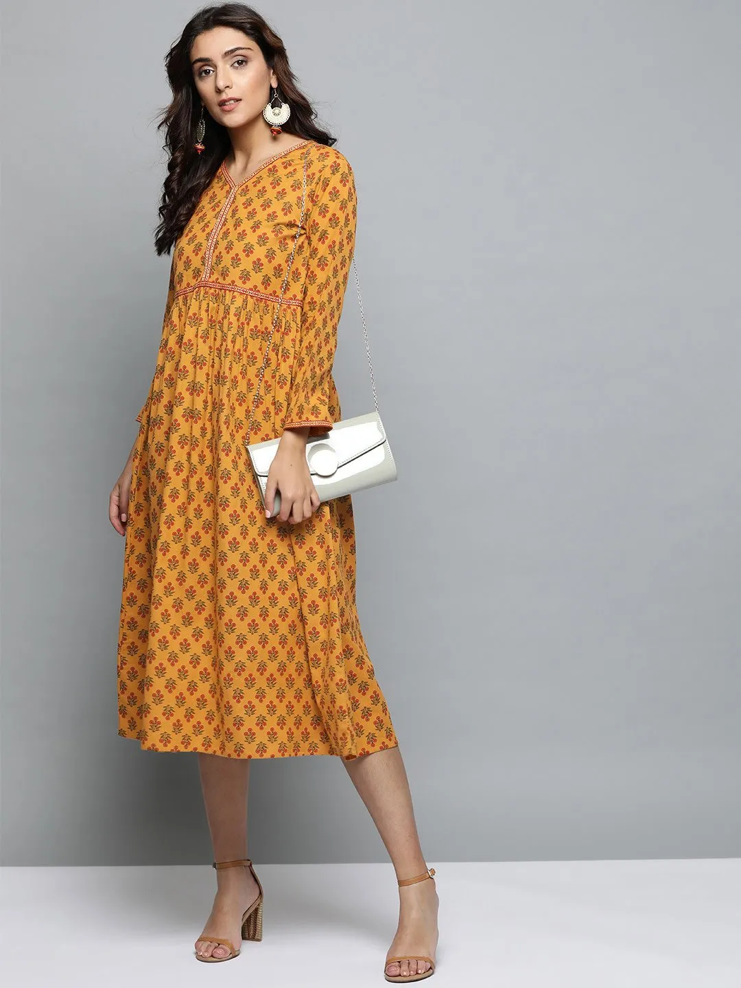 Women Mustard Yellow Floral Printed V-Neck A-Line Dress