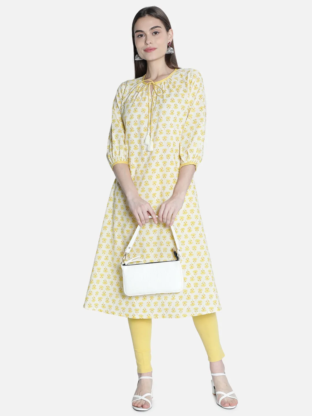 Women  Off White And Yellow  Printed Dress