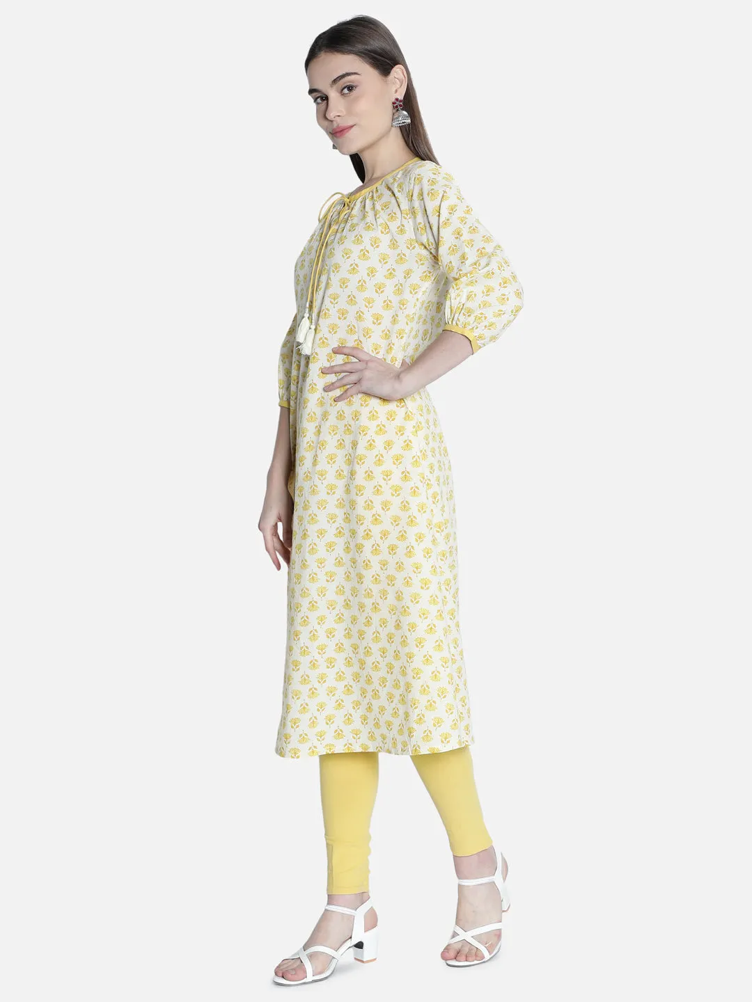 Women  Off White And Yellow  Printed Dress