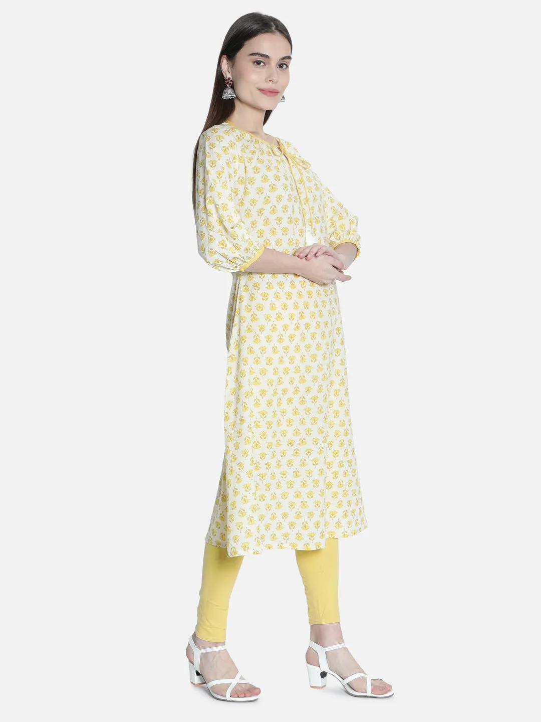 Women  Off White And Yellow  Printed Dress