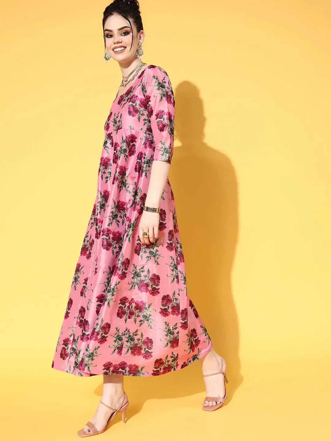 Women Pink Floral Anarkali Maxi Dress