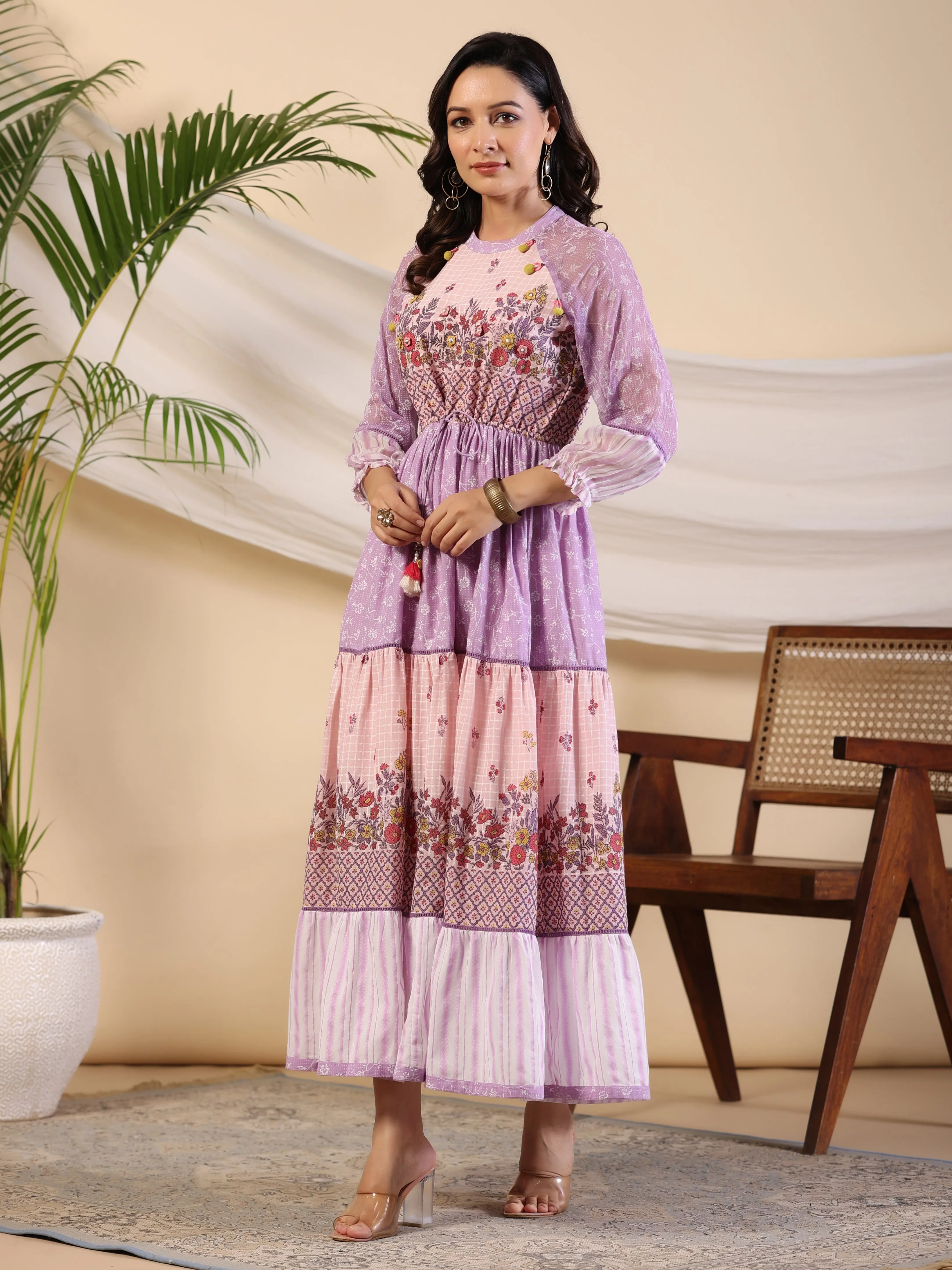 Women Purple Cotton Voile Printed Dress