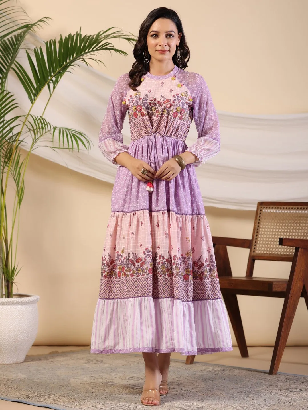 Women Purple Cotton Voile Printed Dress