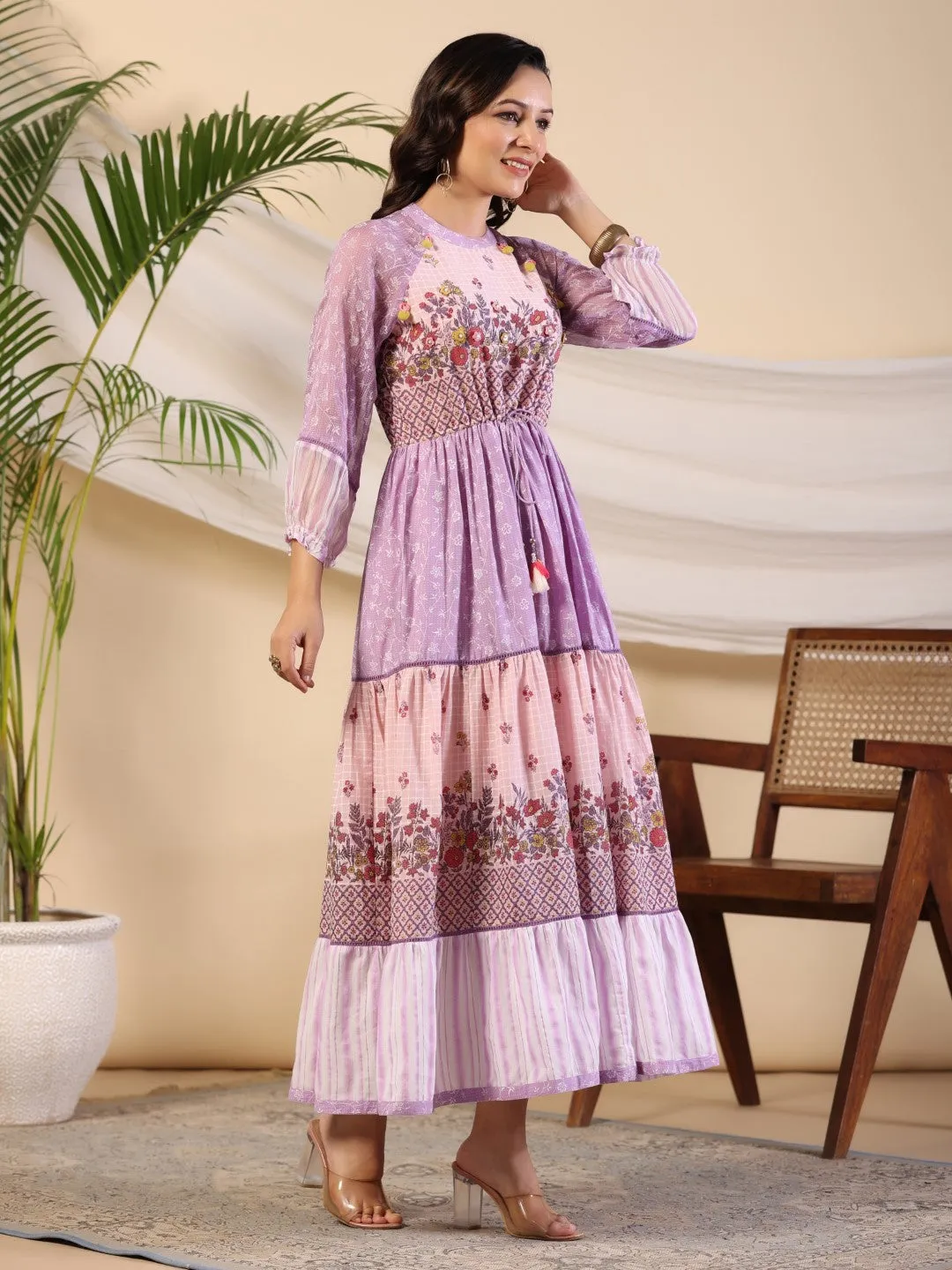 Women Purple Cotton Voile Printed Dress