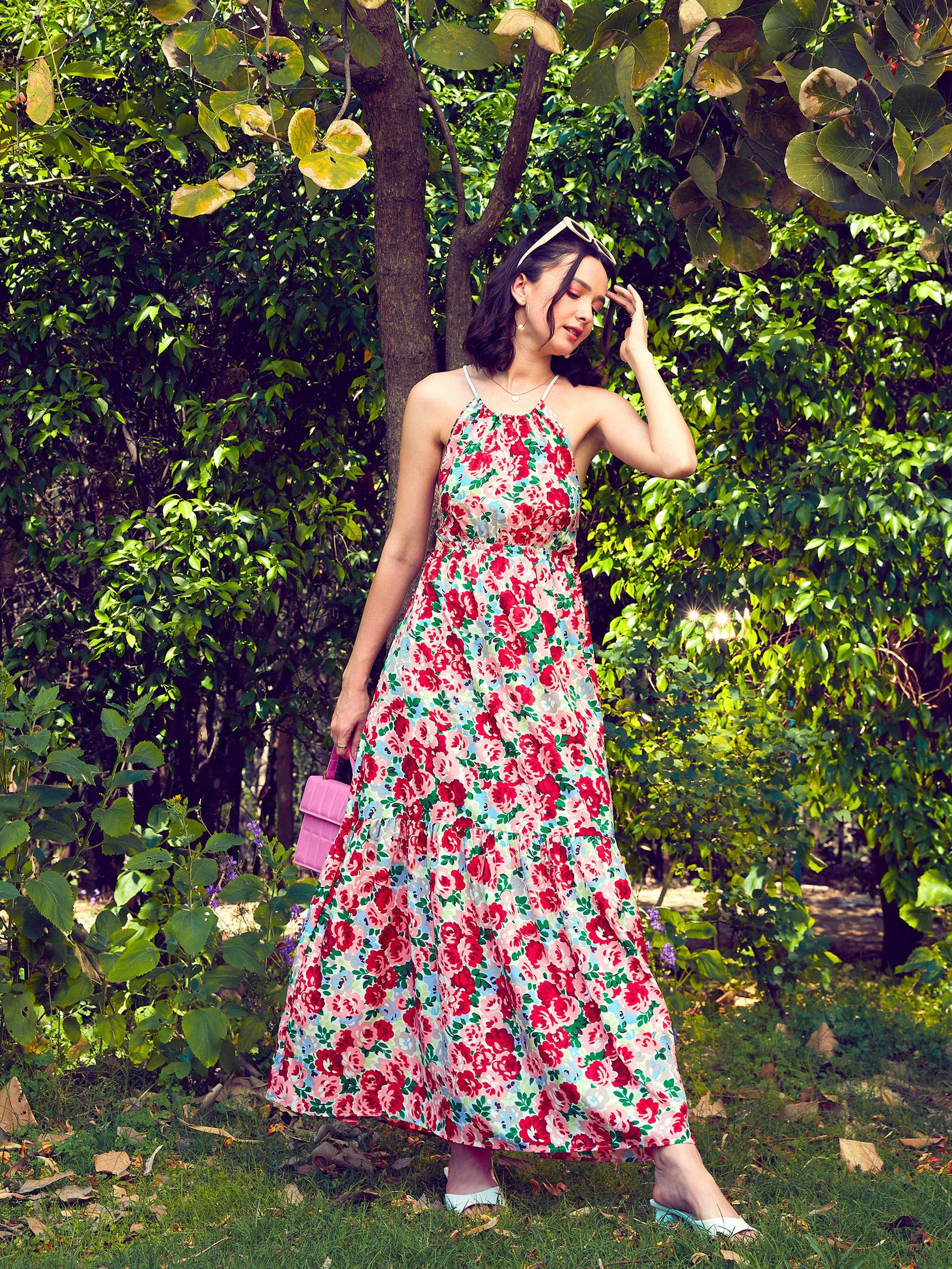 Women Red Floral Backless Maxi Dress