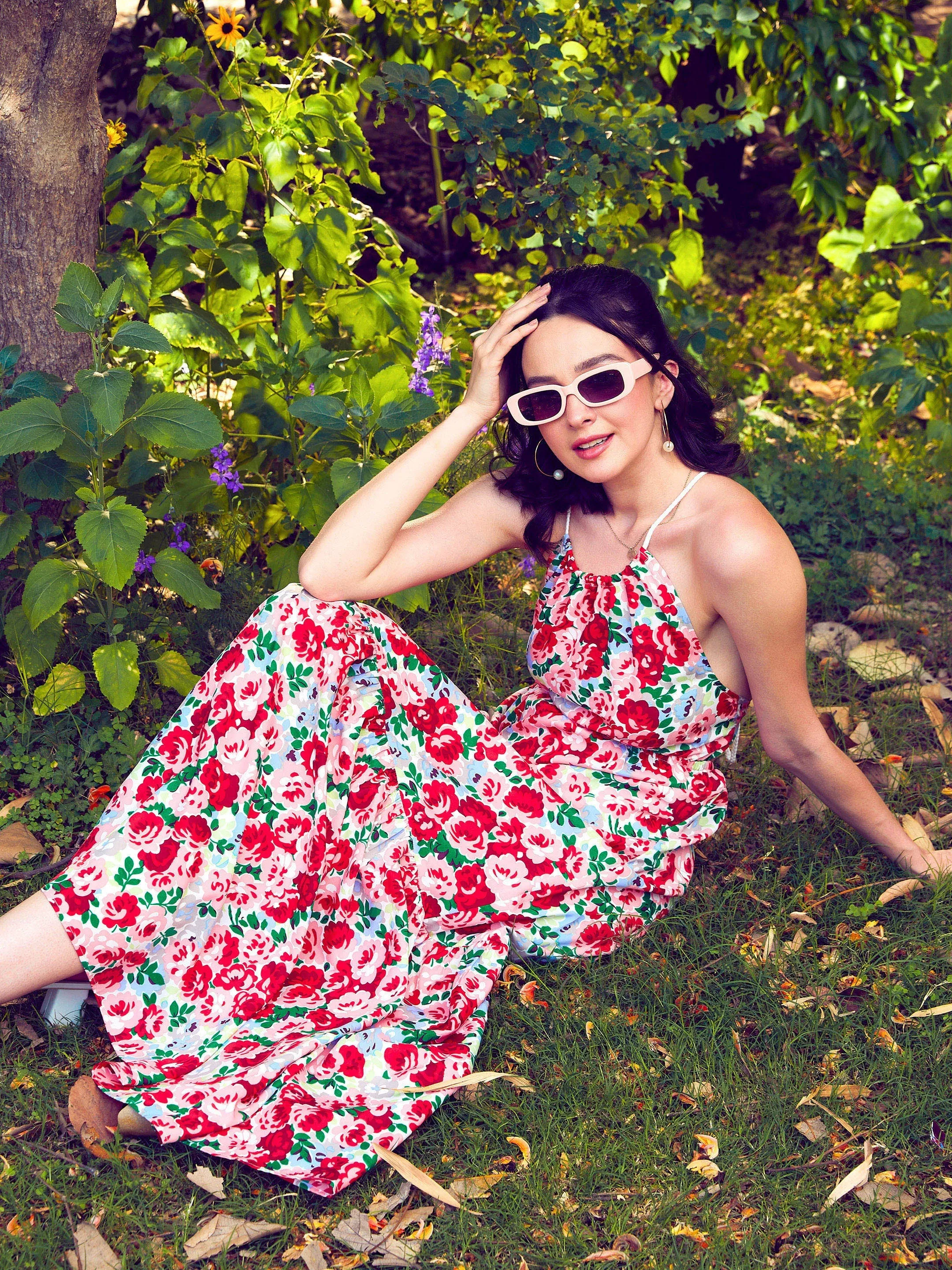 Women Red Floral Backless Maxi Dress