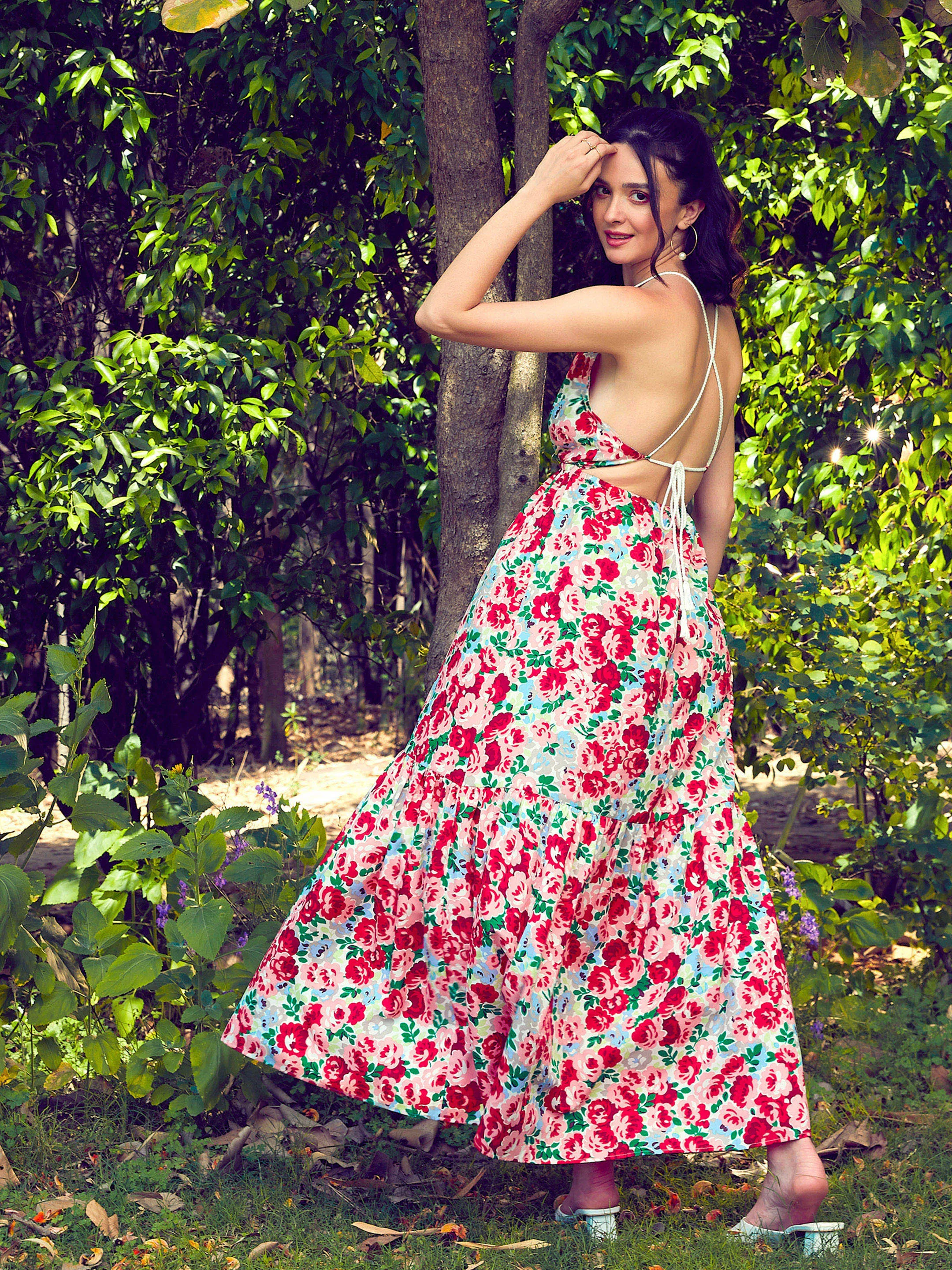 Women Red Floral Backless Maxi Dress