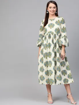 Women White & Blue A-Line Bell Sleeve Maxi Dress