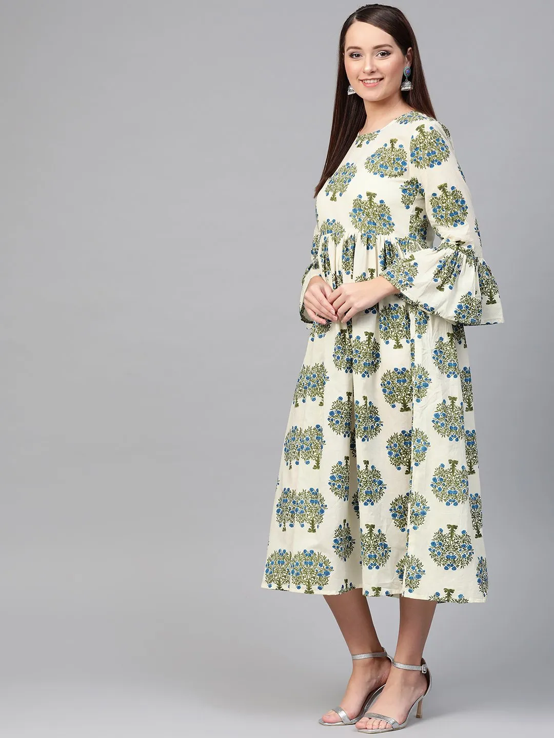 Women White & Blue A-Line Bell Sleeve Maxi Dress