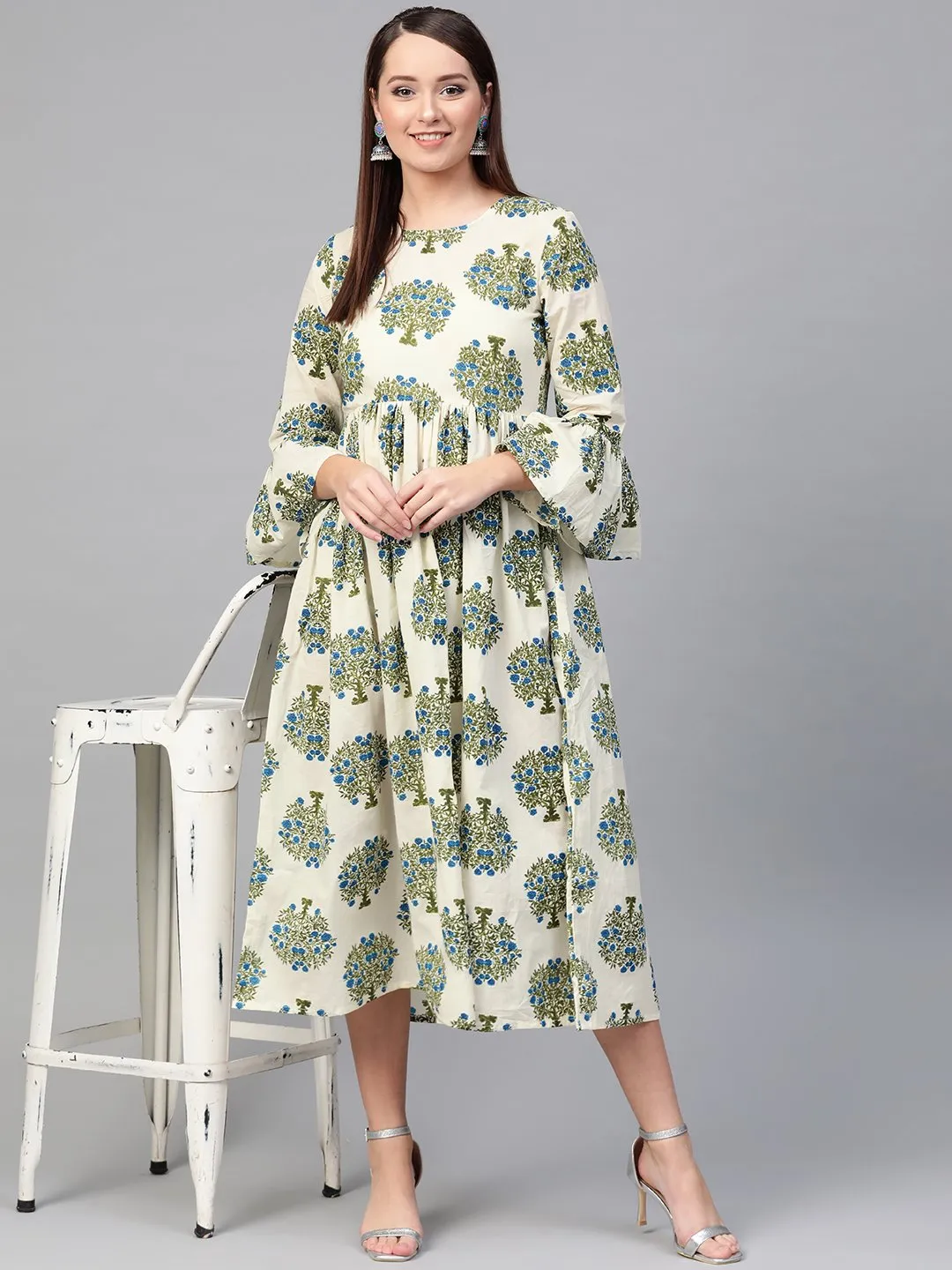 Women White & Blue A-Line Bell Sleeve Maxi Dress