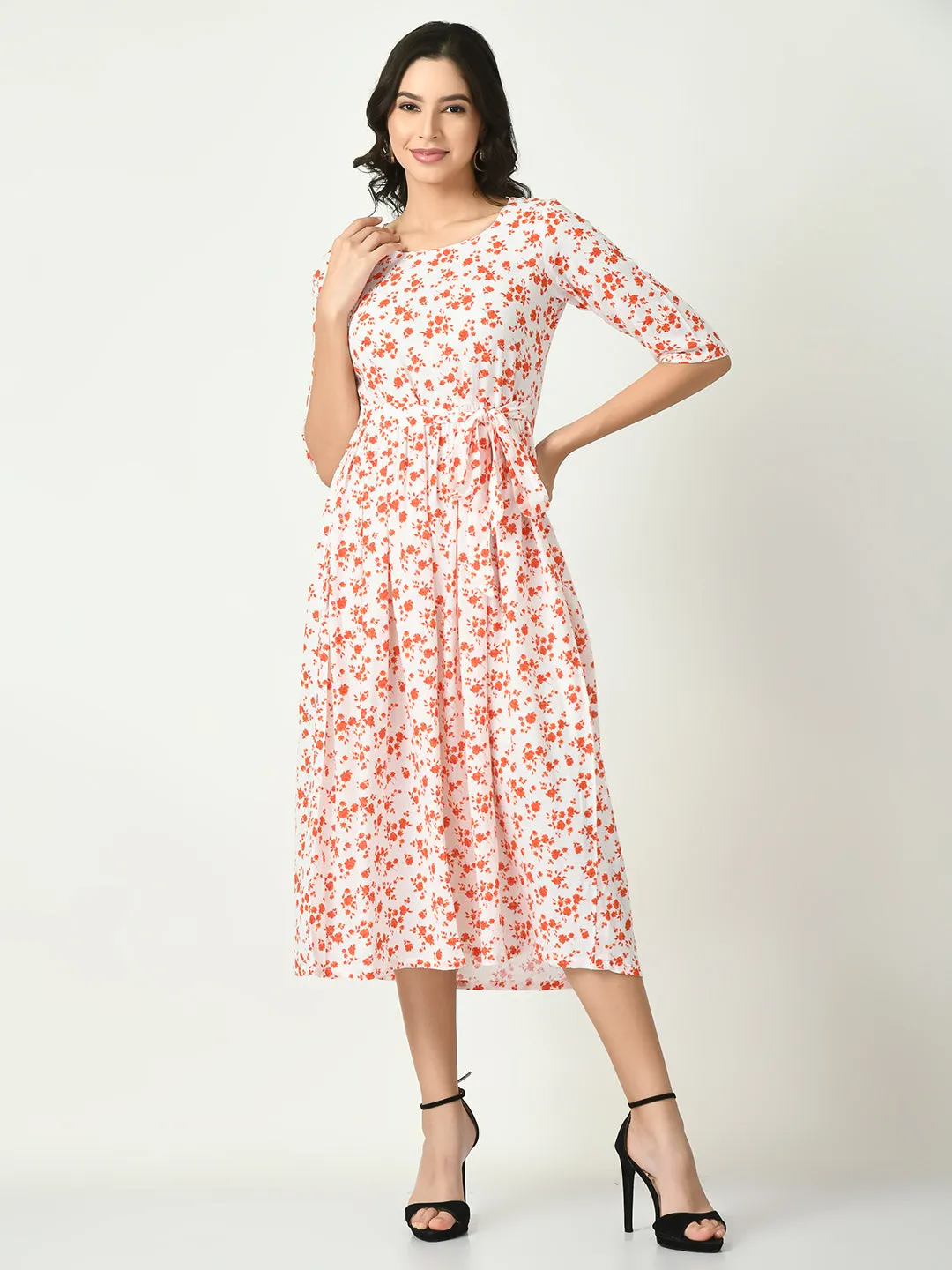 Women White Printed Midi Dress